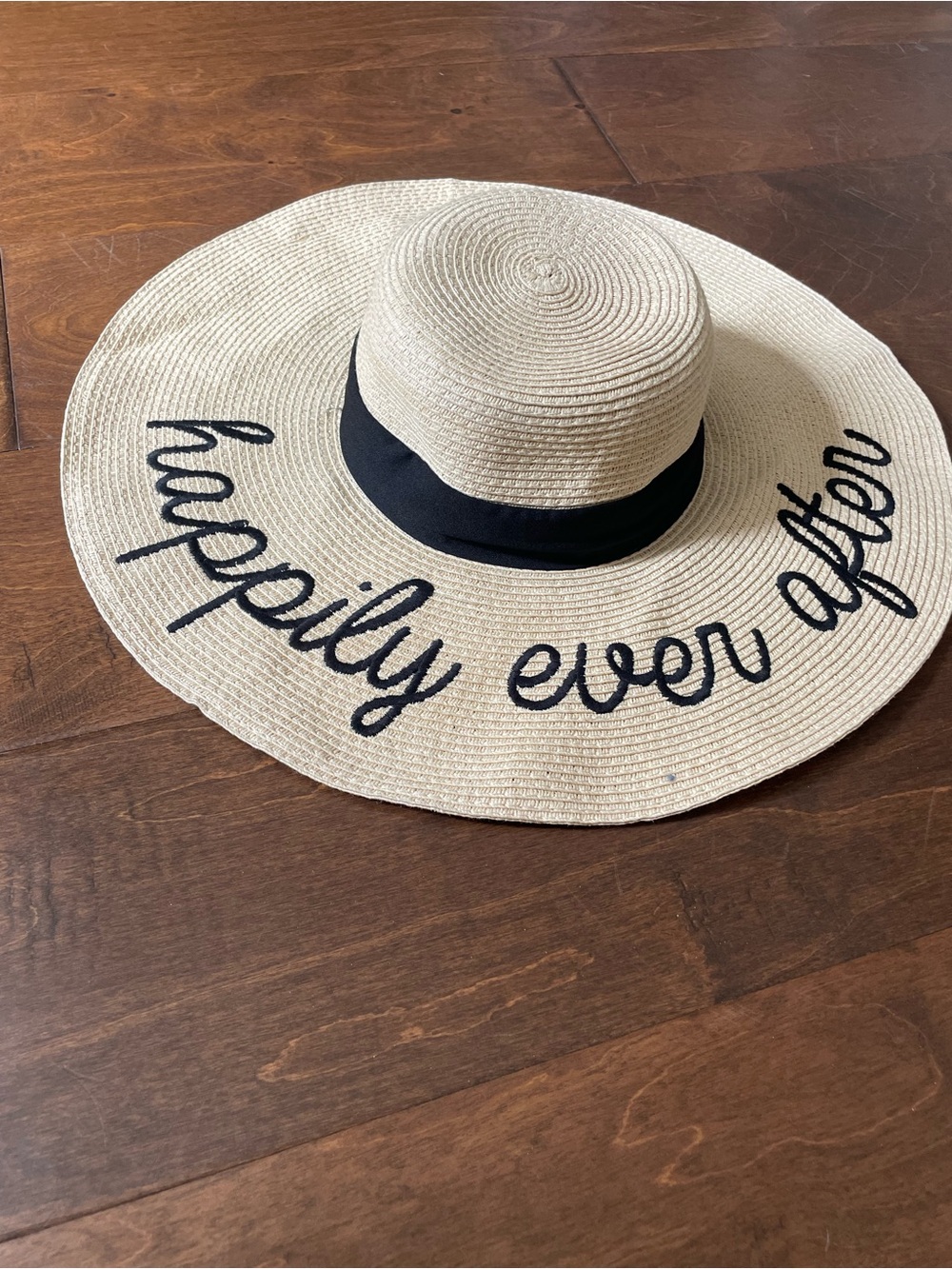 Wide-Brim Straw Sun Hat with 'happily ever after' Script